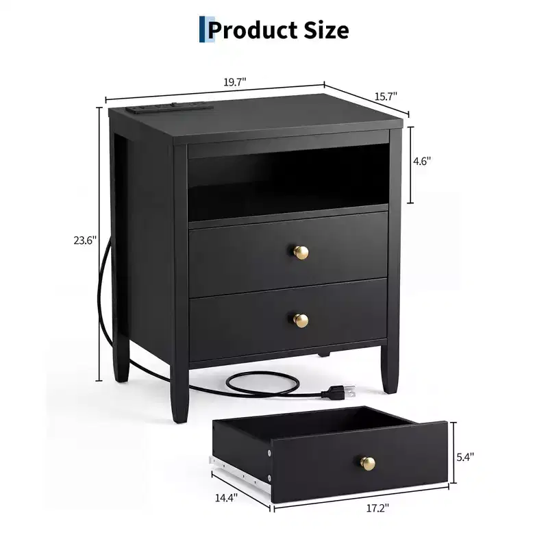 Black Nightstand with Charging Station, 2 Drawers & Open Shelf, Modern Wood Bedside Table with Metal Knobs for Bedroom/Living Room/Office