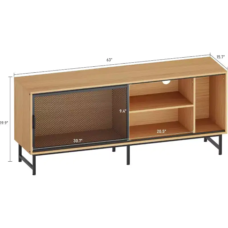 Acekool Industrial TV Stand with Metal Mesh Sliding Doors, Modern Wood Cabinet, Metal Legs, Cable Management, for Living Room