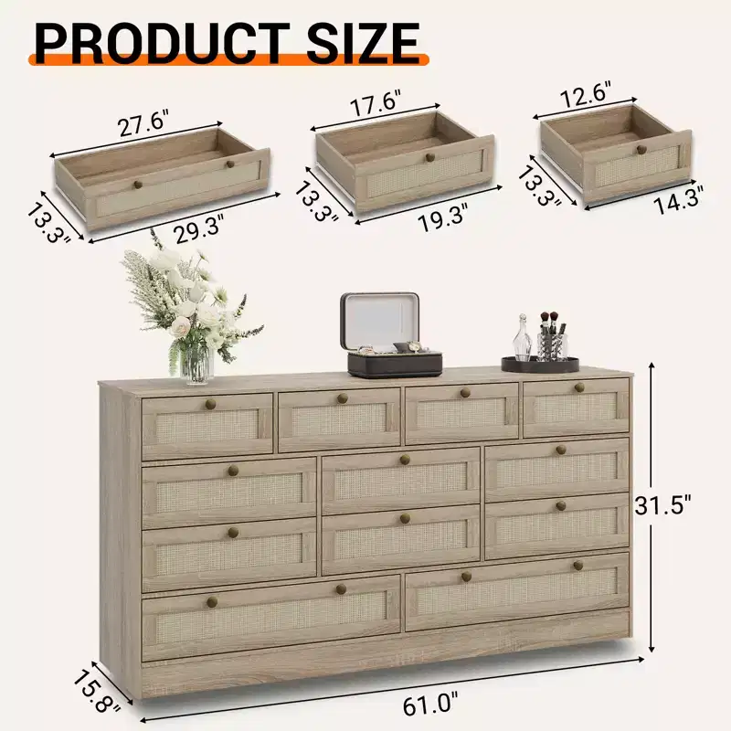 Modern 12 Drawer Sturdy Wood Dresser, TV Stand for 65 TV, Large Storage Cabinet, for Living Room, Hallway