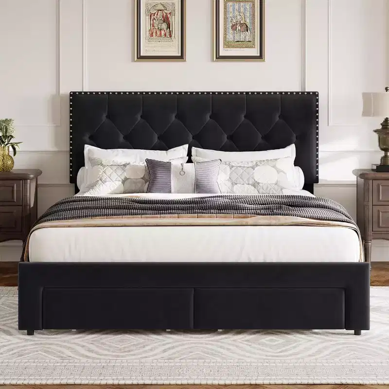 King Size Upholstered Bed Frame with 2 Drawers, Velvet Bed Frame with Button Tufted Headboard, Wooden Slat Support, Noise Free, No Box Spring Needed