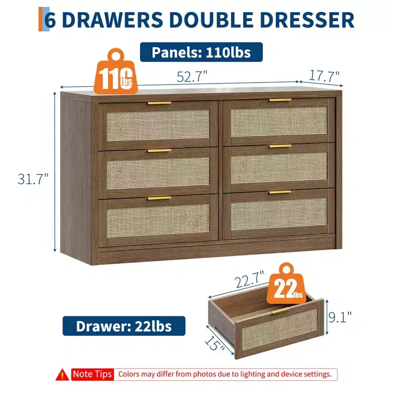 COZONY 53 Rattan Dresser for Bedroom, 6-Drawer Boho Chest of Drawers, Large Wooden Storage Cabinet & TV Stand with Metal Handles
