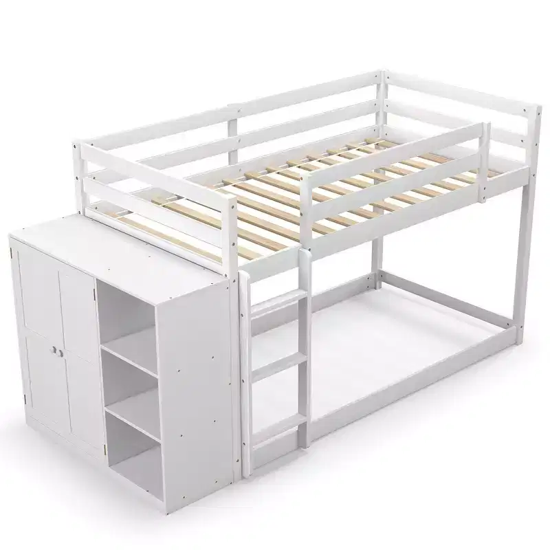 Costway Twin Over Twin Bunk Bed Wood Frame Storage Shelves Ladder Guardrails Kids White