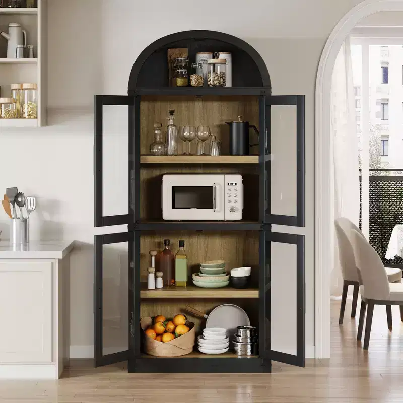 72-Inch 5-Tier Arched Bookcase with Cabinet Door