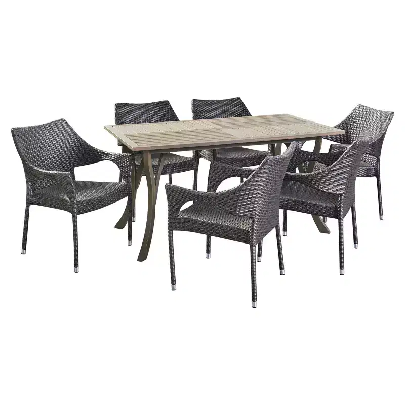 GDFStudio Outdoor Wicker and Acacia Wood and Wicker 7 Piece Dining Set