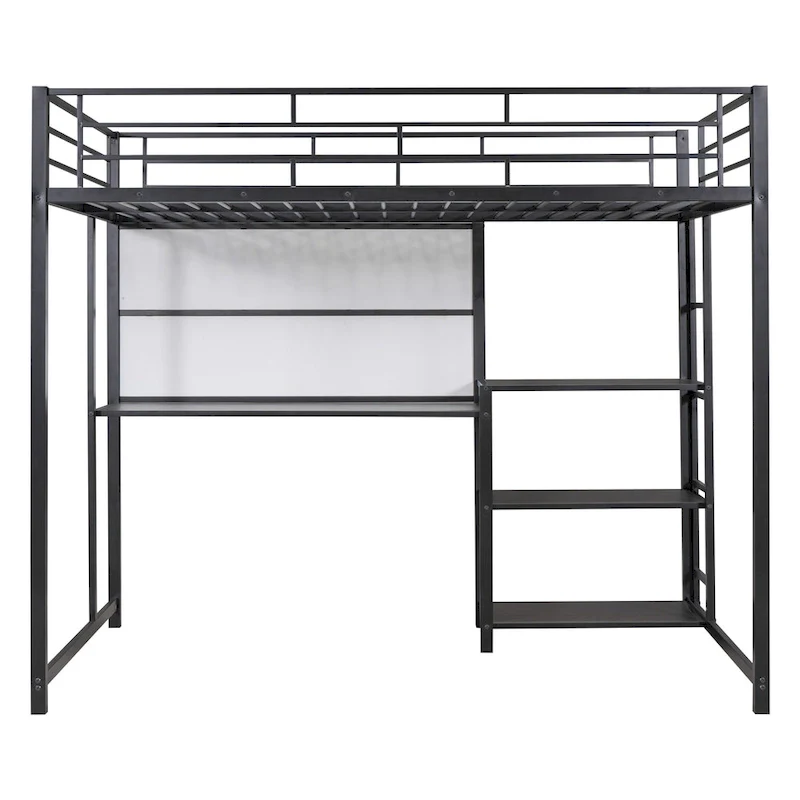 Full Size Metal Loft Bed with Desk, Whiteboard, 3 Shelves & Ladder | Black