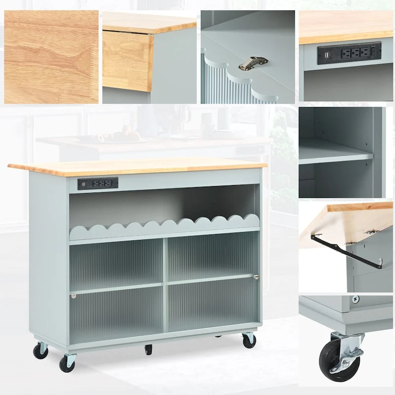 44 in. W Kitchen Island Rubberwood Drop-Leaf Countertop on 5 Wheels with Open Shelf and Wine Rack - 44