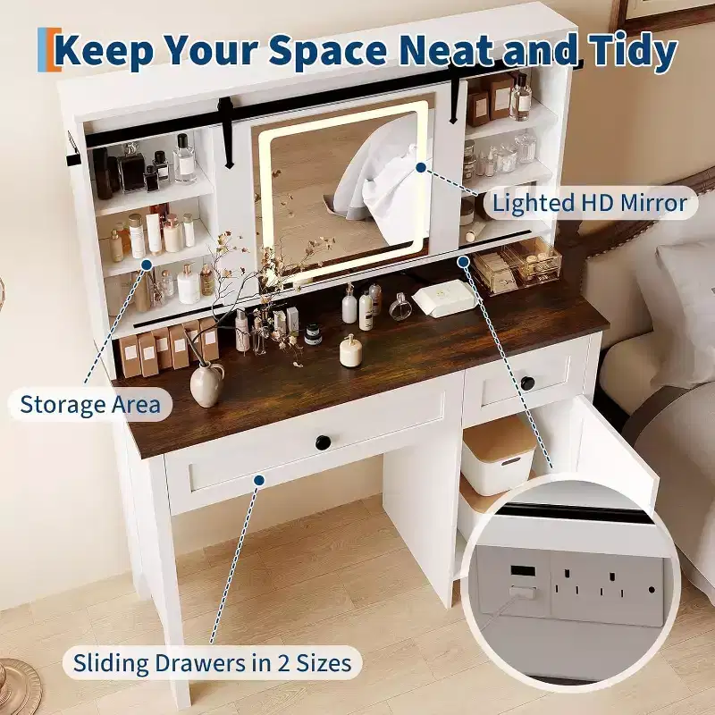 Vanity Desk with LED Lighted Mirror, Makeup Table with Charging Station, Drawers & Storage Stool, Modern White Dressing Table for Bedroom