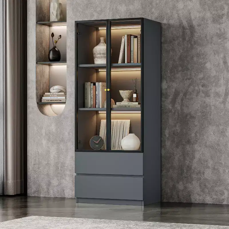 ATJafurn 23.6 Lighted Glass Display Cabinet, Modern Dining Storage China Hutch with 2 Drawers and 3 Shelves for Kitchen Dining Room and Living Room