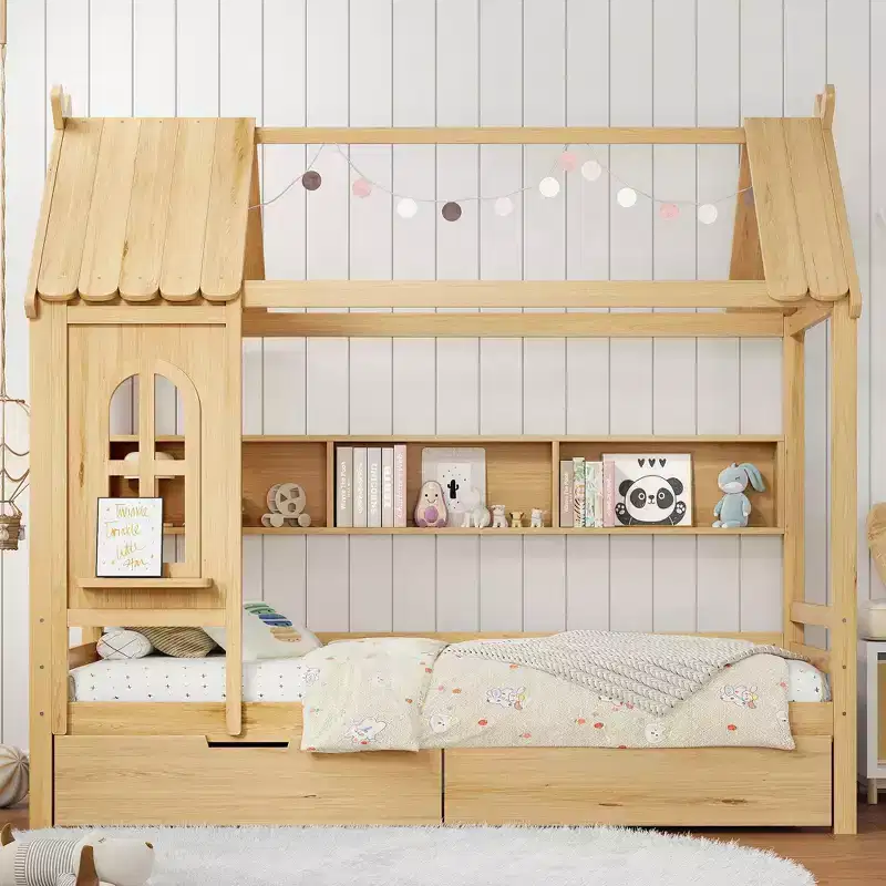 Twin/Full House Bed Solid Wood Platform Bed Frame with Storage Drawers/Shelves, Childlike Window Design - ModernLuxe