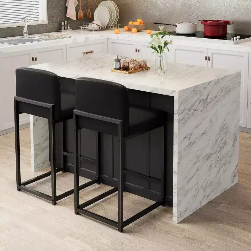 Bar Stools Set of 2, Counter Height 24.8 PU Leather with Back, Modern Upholstered Island Chairs with Metal Legs for Kitchen Island, Bar, Counter