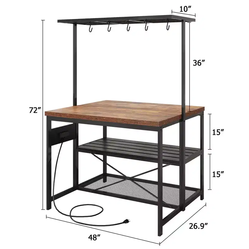47 Kitchen Island with Storage - Multifunctional Prep Table with 3-Tier Shelves, Bakers Rack & 5 Hooks, Coffee Station for Kitchen Organization