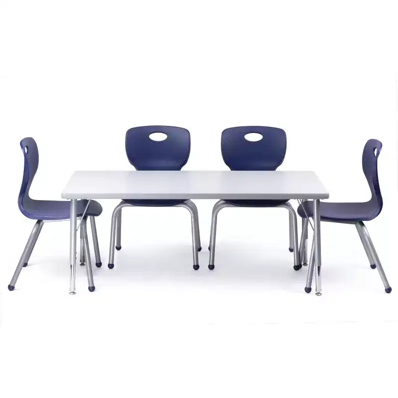 Bintiva Activity Table & Chair Set  24x48 Gray Sprayed Edge Table with Adjustable Legs and 4 Blue 12 NAAR Classroom Chairs