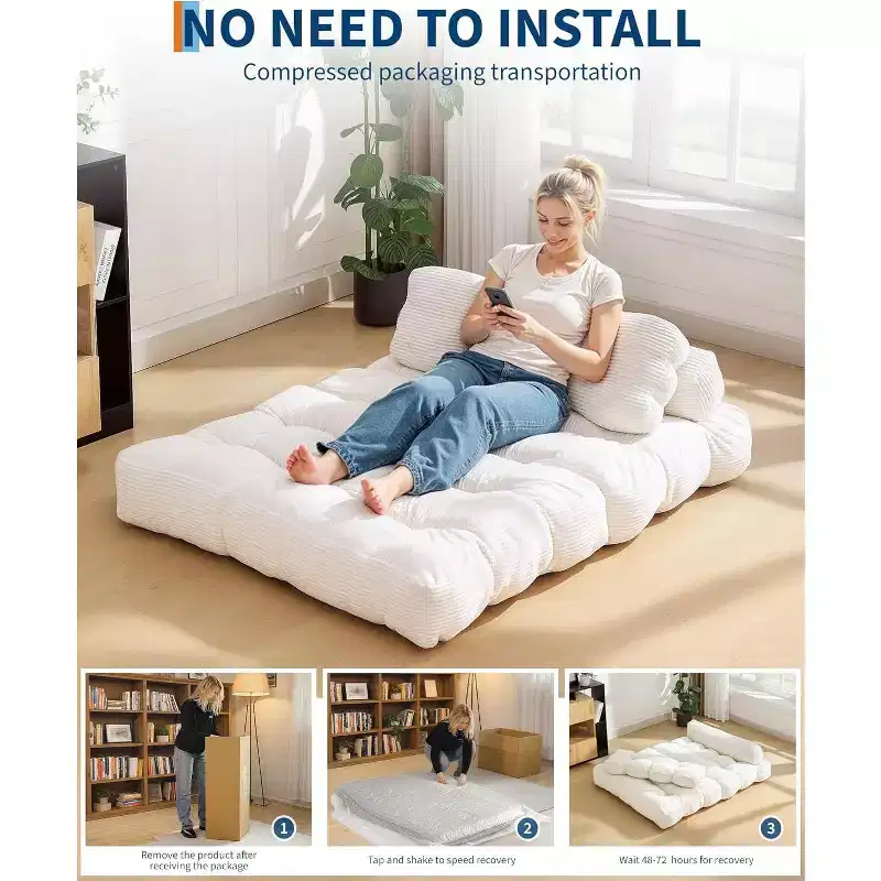 3 in 1 Folding Sofa Bed, Convertible Sleeper Chair with Pillow, Portable Fold Out Chair Bed, Comfy Floor Sofa with Back Support for Living Room,Beige