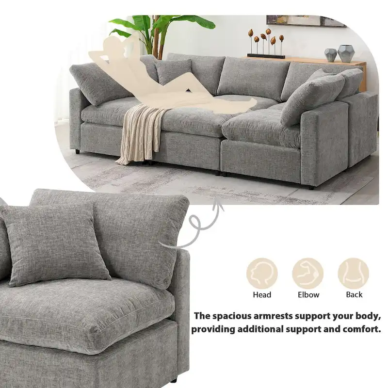 U-Shaped Modular Chenille Sectional Sleeper Sofa with Ottoman
