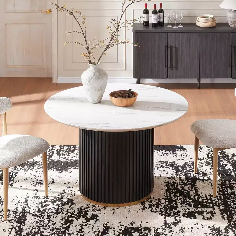 White Round Dining Table - 47 MDF Top with Single Cylinder Base, 300lbs Capacity, Adjustable Feet for Home Kitchen