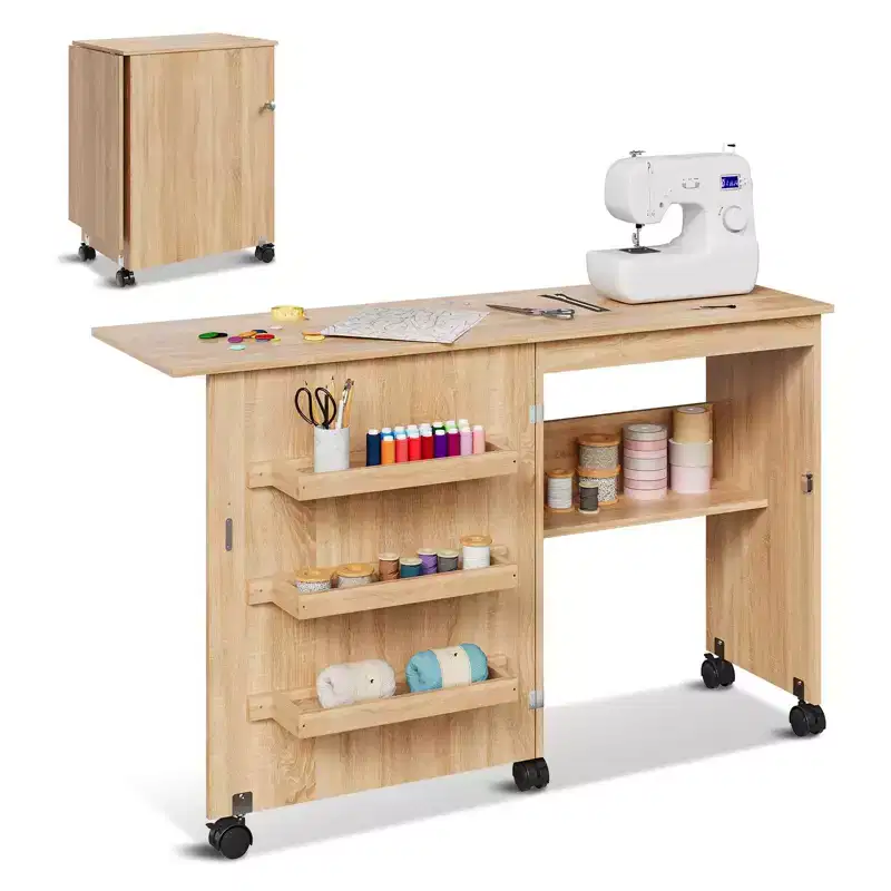 Folding Sewing Table, Multipurpose Craft Station & Side Desk with Compact Design, Wooden Rolling Craft Table with Lockable Wheels & Storage Trays