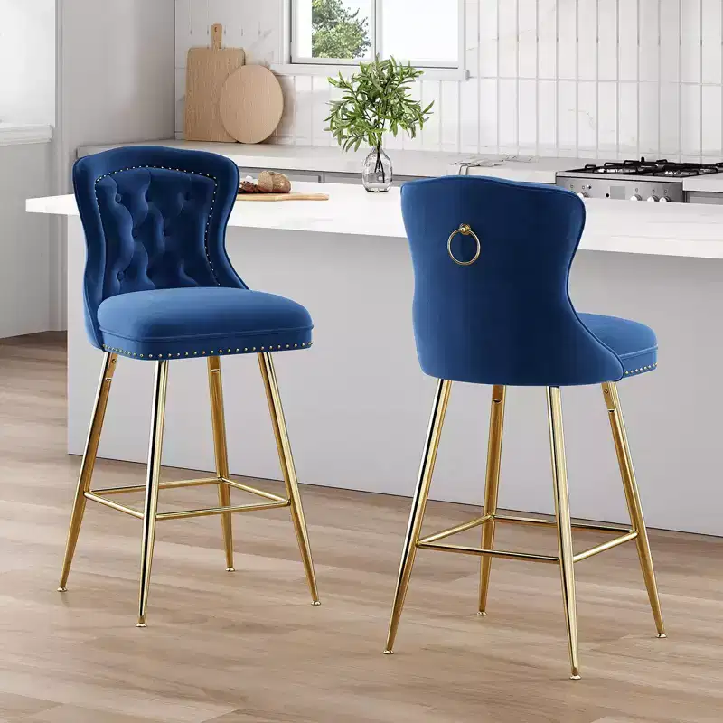 PexFix 2Pcs Bar Stools Velvet Counter Height Bar Stools with Metal Legs Button Tufted and Nailheads Trim Wing-Back Bar Chairs Blue