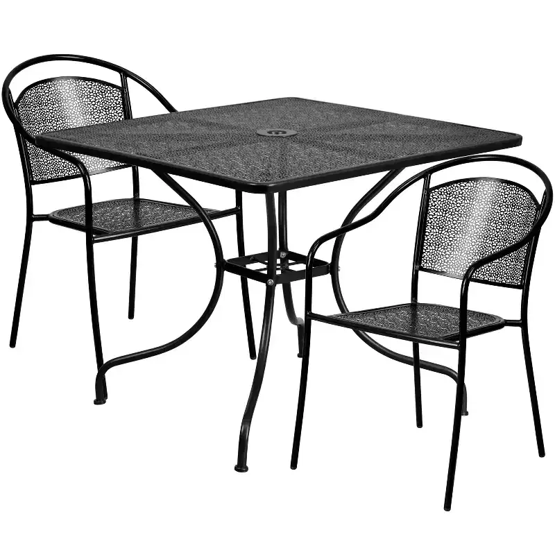 Emma and Oliver Commercial 35.5 Square Metal Garden Patio Table Set w/ 2 Round Back Chairs