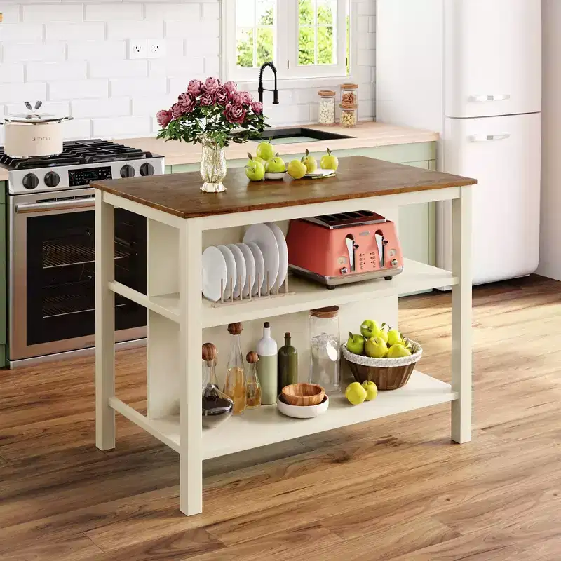 Okak Rustic Stationary Kitchen Island with Rubberwood Butcher, Kitchen Cart with 2 Open Shelves, Kitchen Island Table for Small Space, Walnut