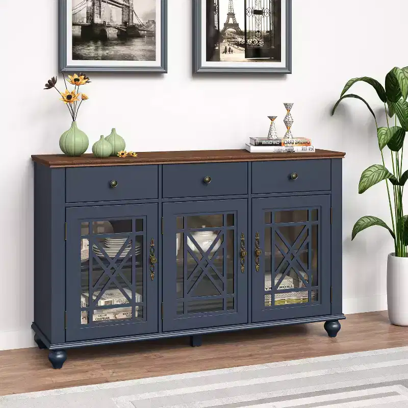 55" Vintage Style Storage Accent Buffet Sideboard Cabinet with Drawers Navy