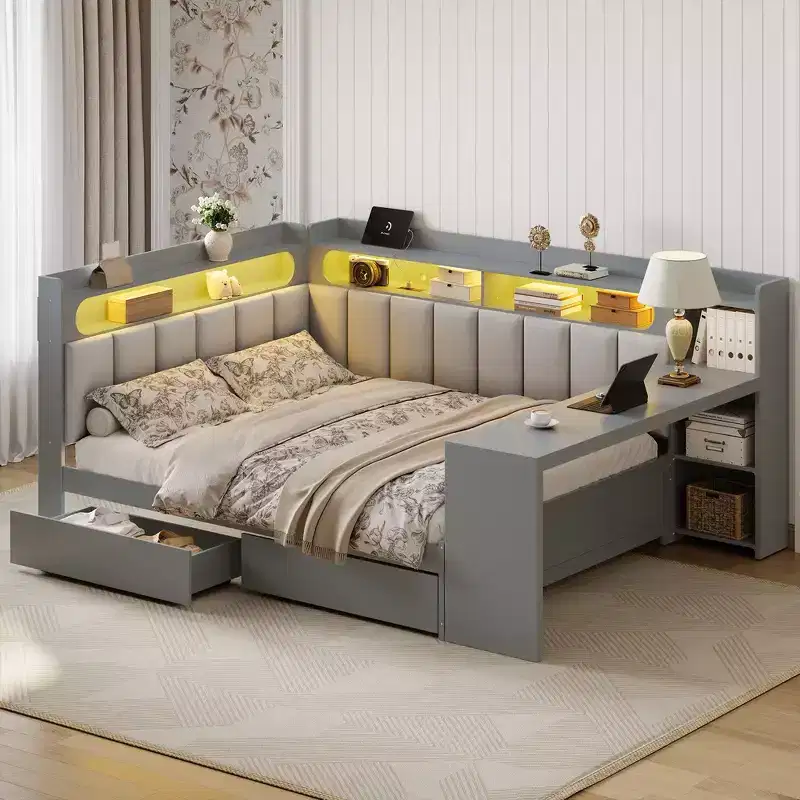 Full Size Daybed with Storage Shelves, Drawers, Charging Station, LED Light, Desk, Upholstered Headboard and Backrest