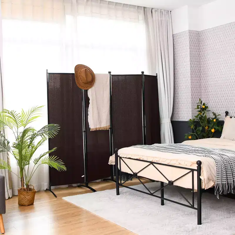 4-Panel 5.6ft Room Divider Folding Fabric Privacy Screen with Steel Frame White/Black/Brown