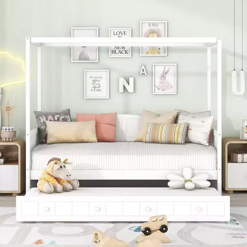 Twin Canopy Bed with Trundle, Wooden Twin Size Daybed Frame, Twin Sofa Bed, Platform Bed Frame with 4 Poster, White