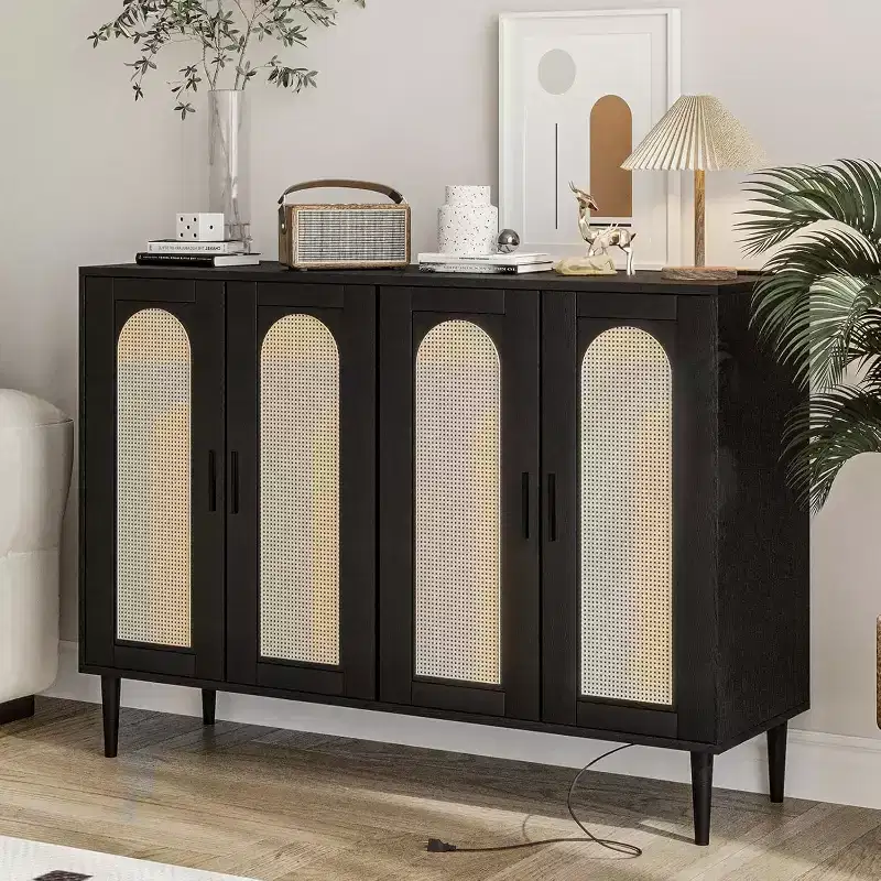 Rattan Storage Cabinet w/ Charging & Coffee Bar - 4-Door Boho Sideboard (Adjustable Shelves)Multi-Functional Boho Cupboard for Entryway/Dining