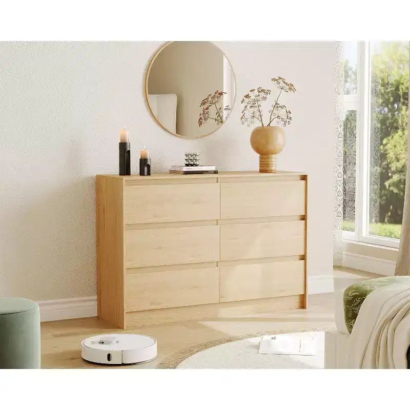 6 Drawer Dresser, Farmhouse 47 Inch Chest of Drawers with Handle-Less Design, Natural Oak Wooden Storage Cabinet for Bedroom & Living Room, Brown