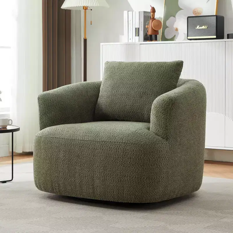 360° Swivel Barrel Accent Chair – Boucle Fabric, Deep Seat, Green