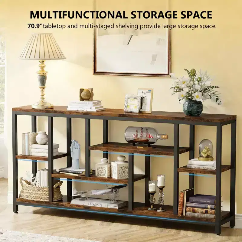Rustic Console Table Industrial Sofa Side Table Multi Shelf Wood Metal Storage Rack for Living Room Entryway, Black, 70.92*11.82*35.46