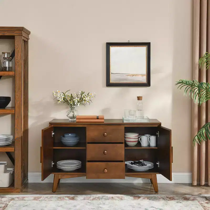 GDFStudio Sigrid Mid Century Modern 47.3 Wood Storage Sideboard with 2 Doors and 3 Drawers