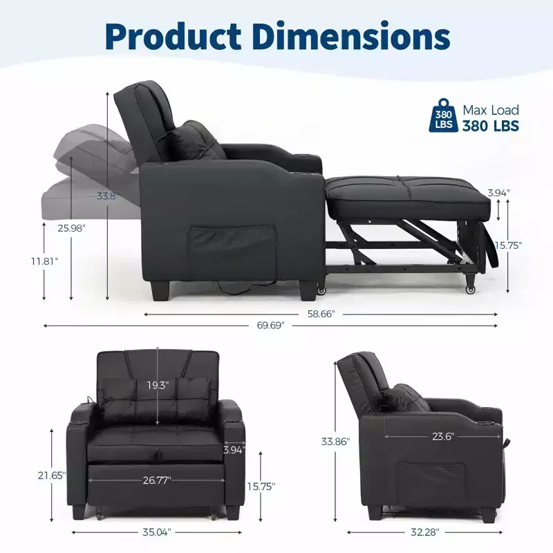 3-in-1 Convertible Sofa Bed with USB & Massage – 110-180° Recliner, Cup Holders, 380 lbs, Dorm Ready