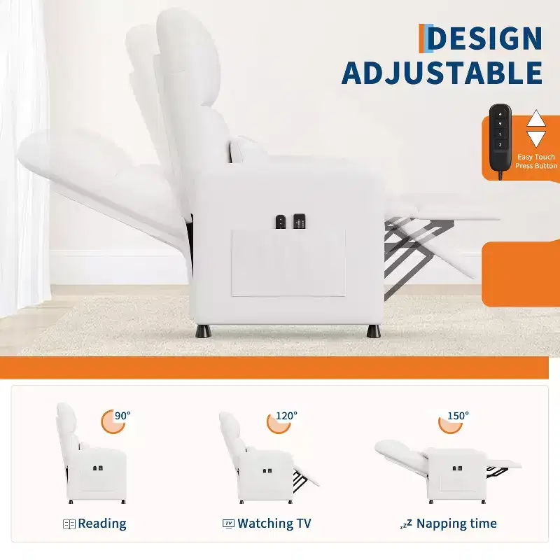 Recliner  Ergonomic PU leather armchair with adjustable recline, padded seat, wide armrests, high back, and side pockets suitable for adults.