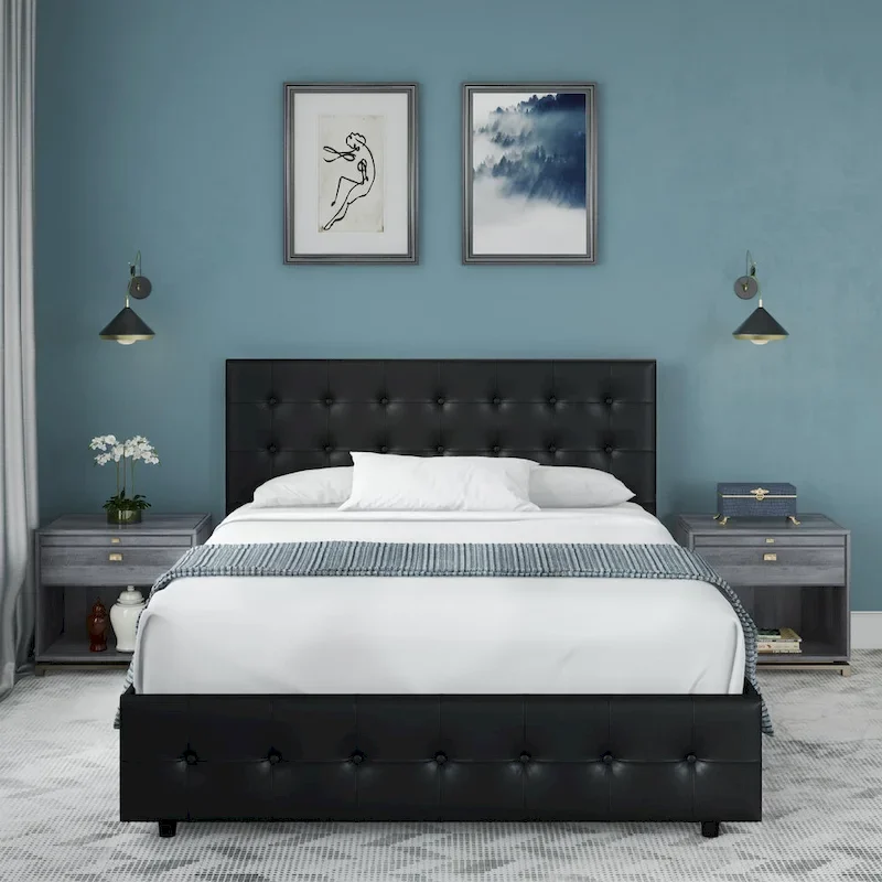 Full Size Faux Leather Storage Bed with Tufted Headboard
