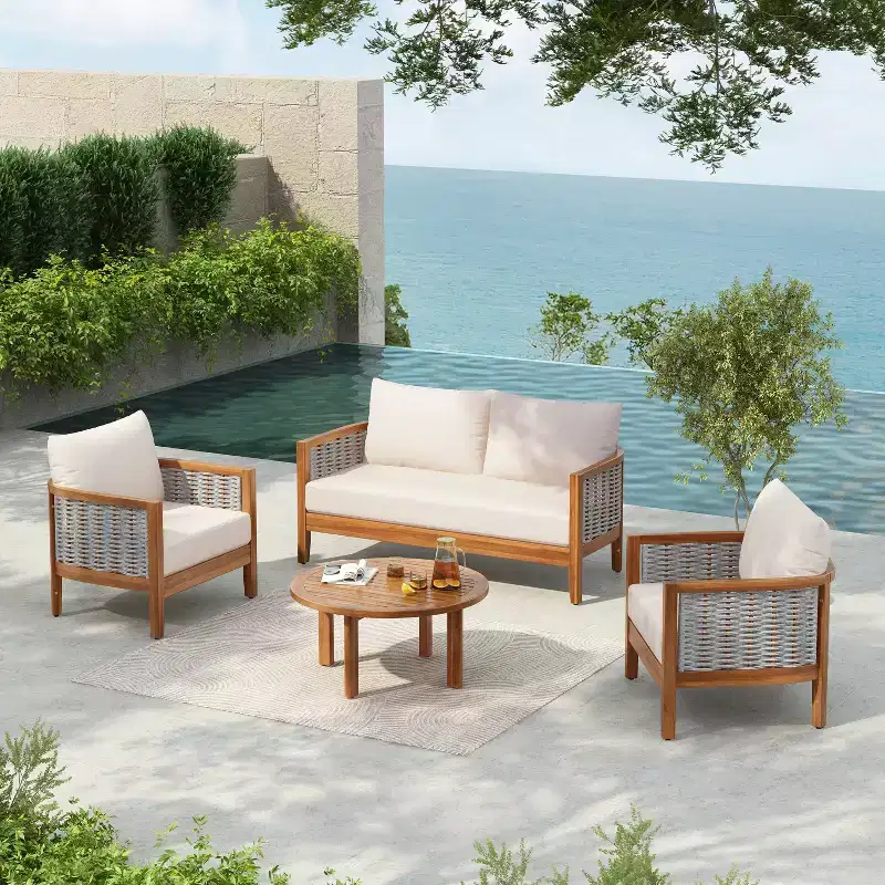 Christopher Knight Home Omen Modern 4 Piece Patio Acacia Wood Woven Rope Seating Set with Slatted Round Table