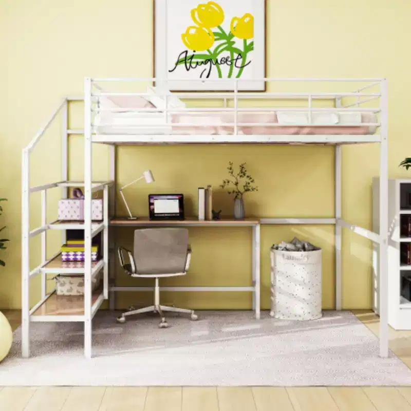 Metal Loft Bed: Full Size, Desk, Side-Storage Ladder