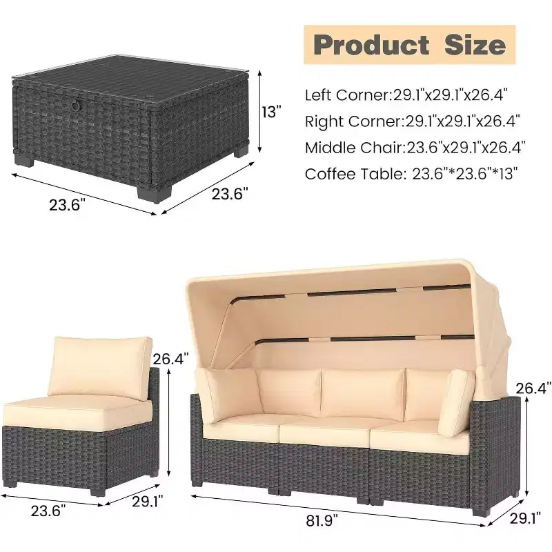 6PCS Patio Furniture Set, Rattan Wicker Conversation Set with Retractable Canopy & Coffee Table, Outdoor Table and Chairs Set for Backyard Balcony
