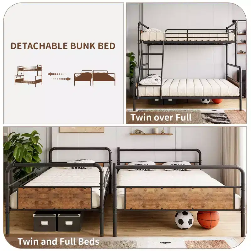 GustoWave Metal Bunk Bed Twin Over Full Size, with Angled Ladder, High Guardrail