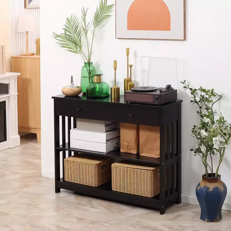 Console Hallway Table with Extra Wide Pull Out Drawer, 2 Open Shelves and Slatted Wood Frame Design
