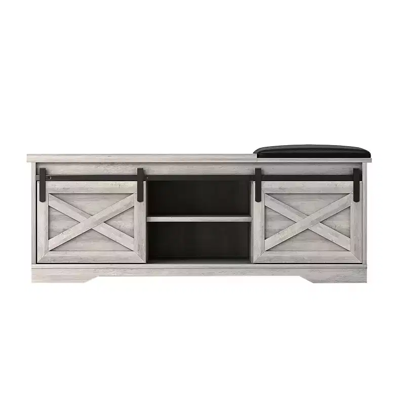 HomeRoots 47 Gray And Black Wood And Faux Leather Storage Bench with Shelves