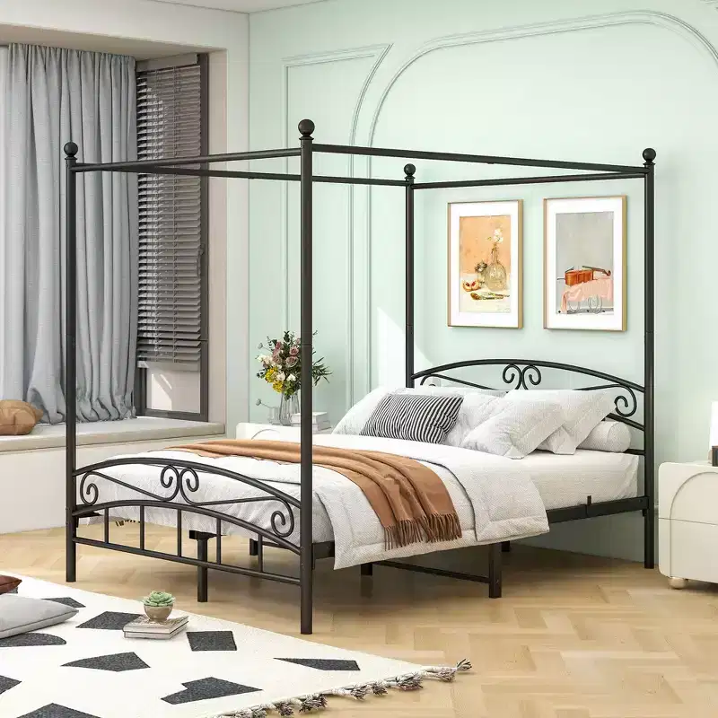 Queen Size Metal Canopy Bed Frame with Vintage Headboard & Footboard, Noise-Free for Bedroom
