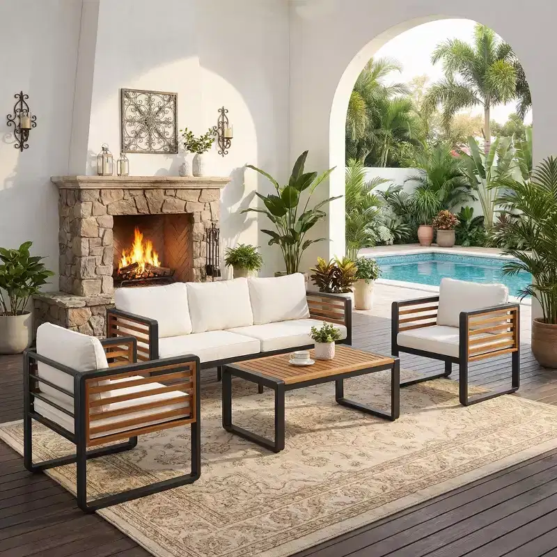 Whisen Outdoor Furniture sofa for 5 Person Conversation Set, Garden Sofa Set With Removable Cushion
