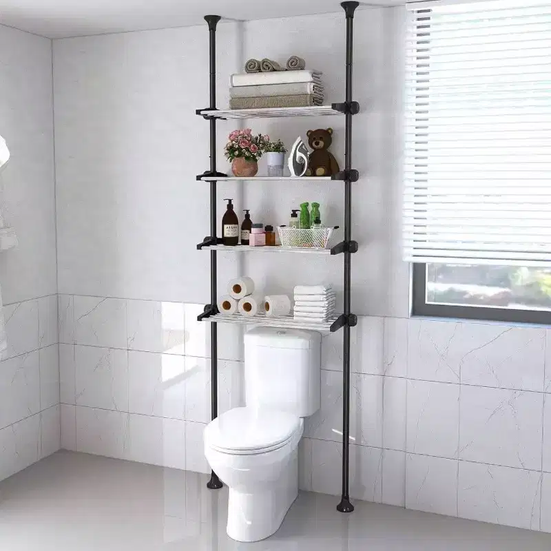 4 Tiers Over Toilet Storage Black Bathroom Organizer Adjustable Tension Pole Shelves for Showers 97 to 116 Inches