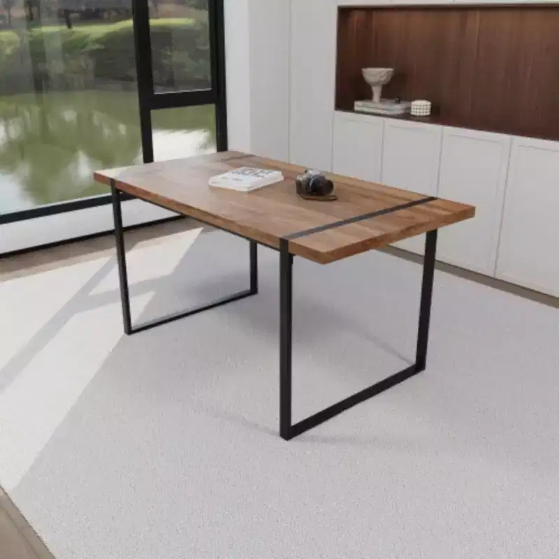 Modern Ind. Rect. MDF Nat. Wood Table (4-6), 1.5 Eng. Wood Top, Black Metal Legs, Home/Kitchen.