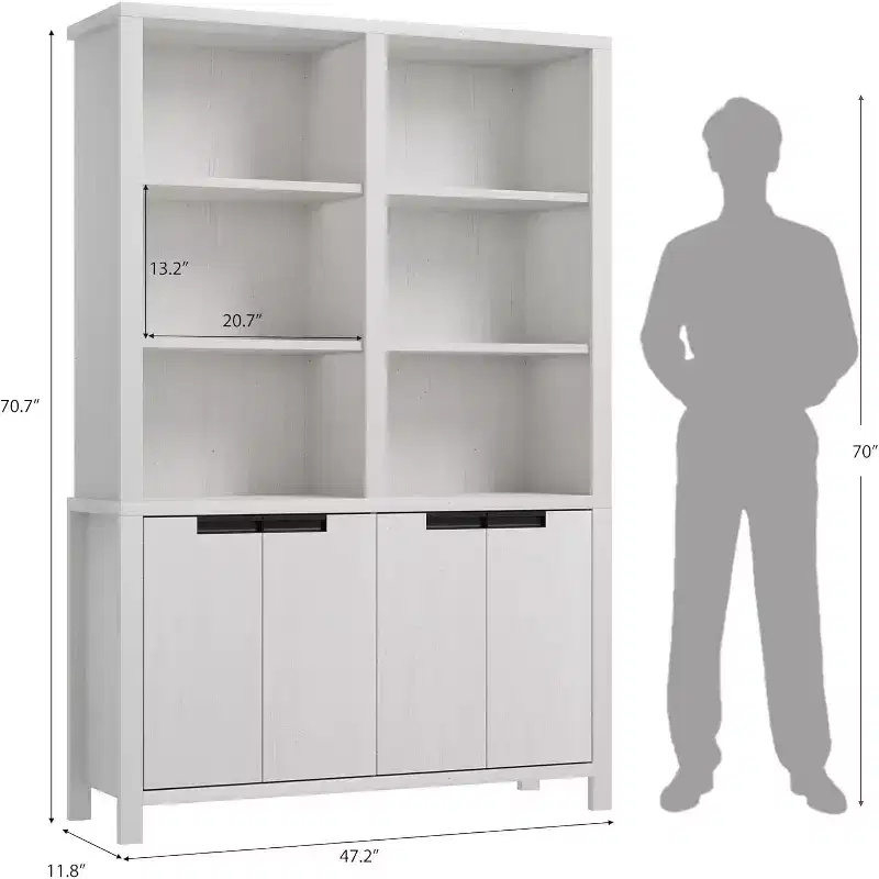 70.7 Gray/White Farmhouse Bookcase with Doors, 5-Tier Double Wide Bookshelf with Cabinet and Adjustable Shelf