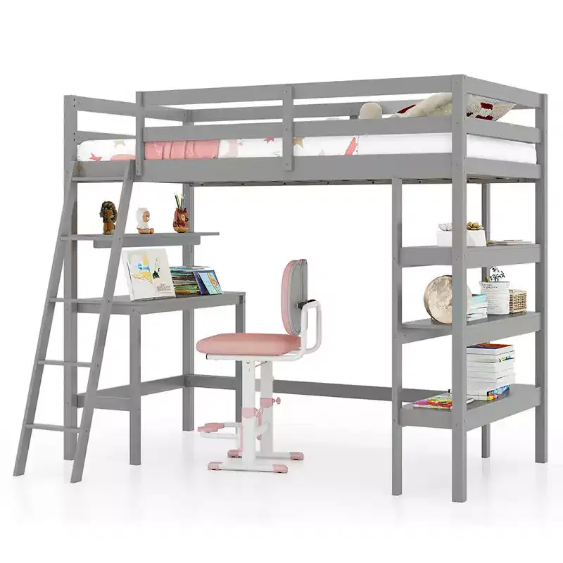 Twin Size Solid Wood Loft Bed w/ Desk & Bookshelves