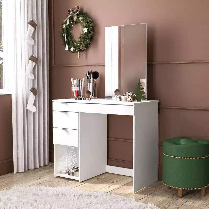Polifurniture Joplin Vanity with Mirror White: Modern Makeup Desk, Rectangle Shape, Wood Material