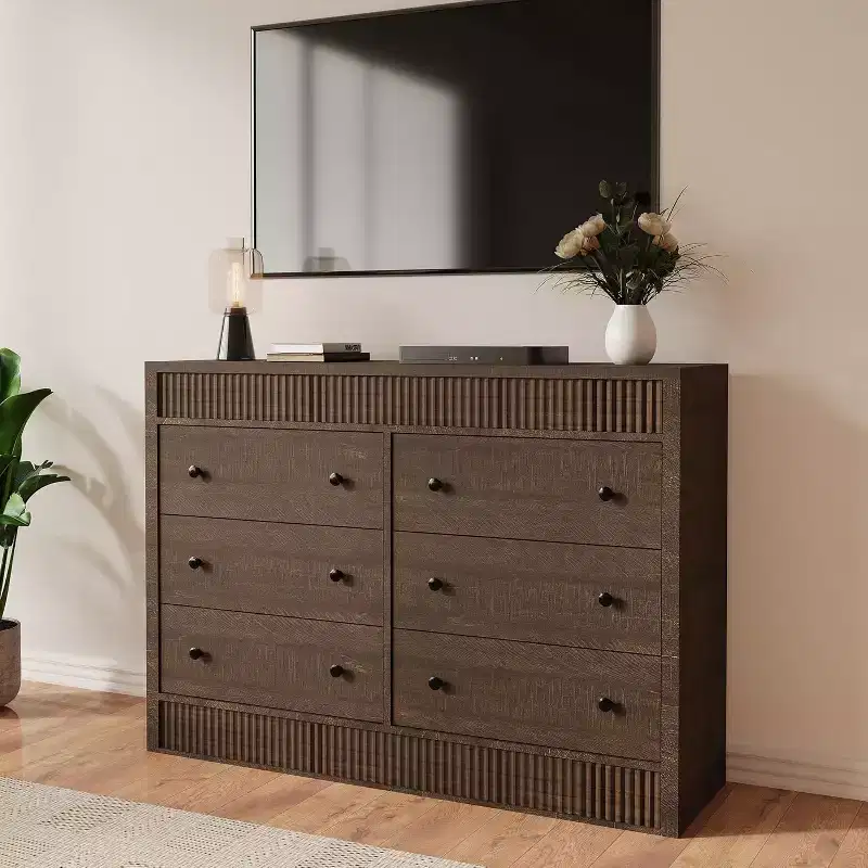 6-Drawer Dresser with Wooden Fluted Design, Modern Oak Chest of Drawers, Storage Organizer for Bedroom, Living Room, Hallway, Entryway, Natural Oak