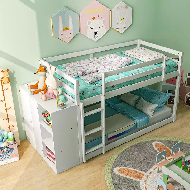 Costway Twin Over Twin Bunk Bed Wood Frame Storage Shelves Ladder Guardrails Kids White